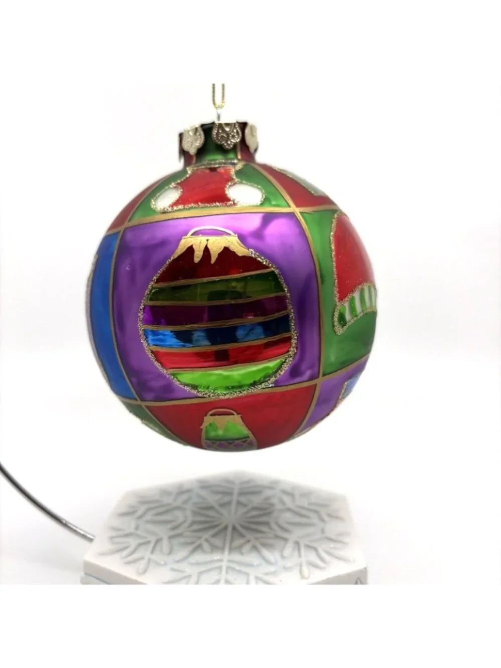 Vtg Komozja Joy to the World Glitterazzi Hand Painted Polish Glass Ball Ornament